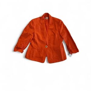 KASPER Orange Linen-Blend Blazer with Rouched Sleeves.